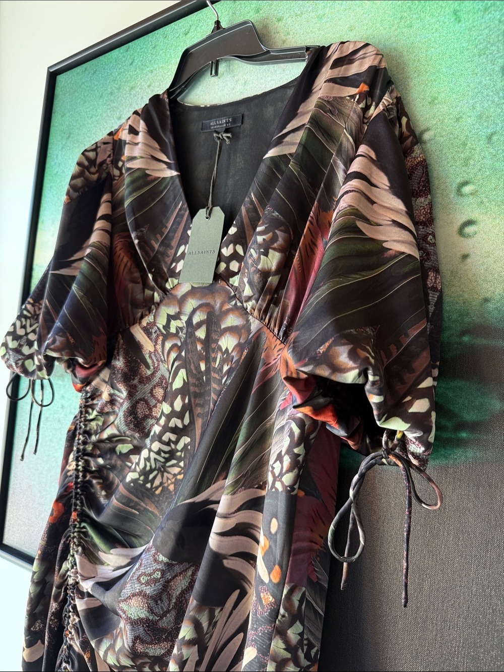 AllSaints Black Multi-Print V-Neck Midi Dress - Picture 7 of 8